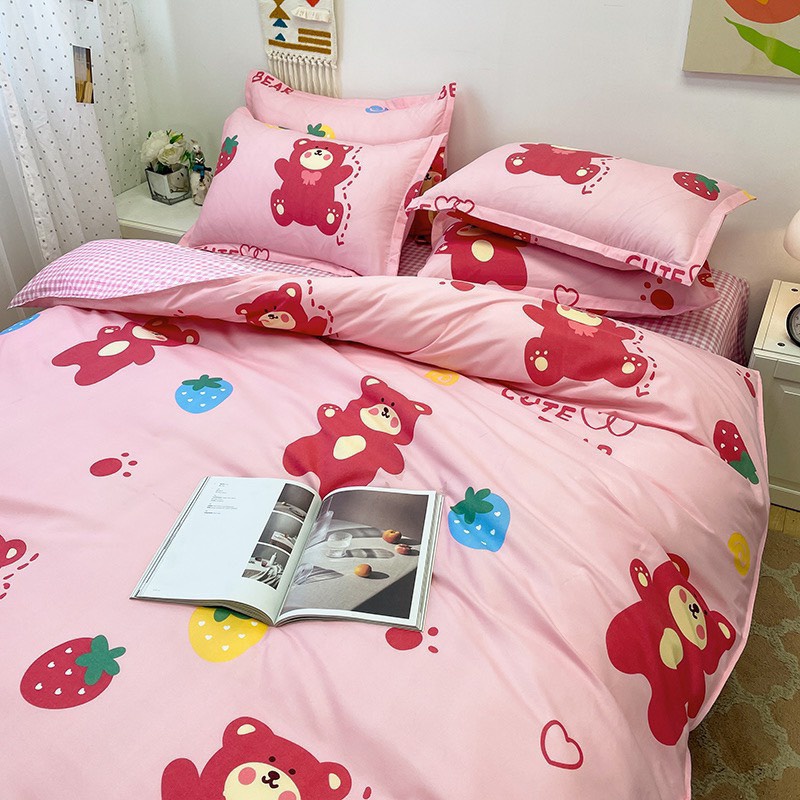 Bộ Chăn Ga Gối Cotton Poly Hizun Mẫu Gấu Hồng