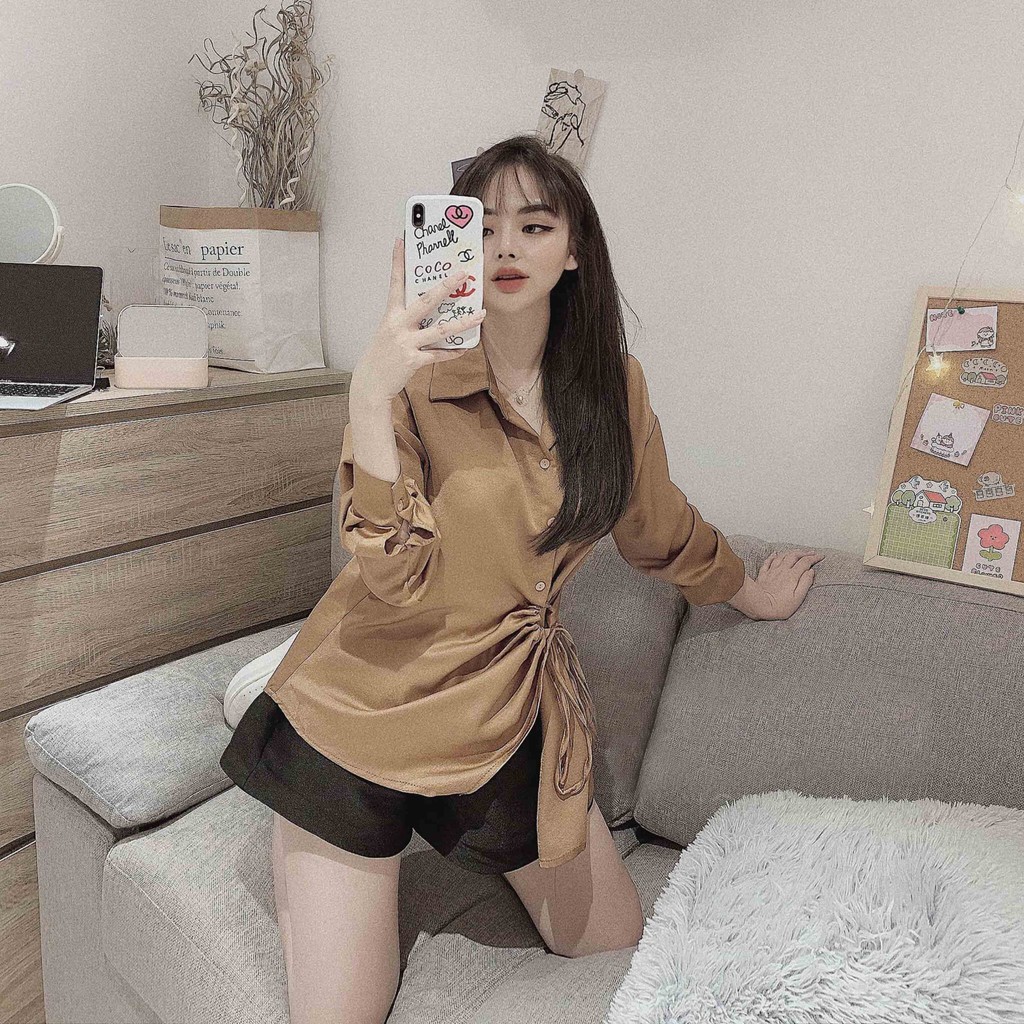 Áo kiểu sơ mi nữ HQ Hàn Quốc đẹp form dáng rộng bigsize tay dài rút dây lệch eo vạt chéo tiểu thư bánh bèo dễ thương