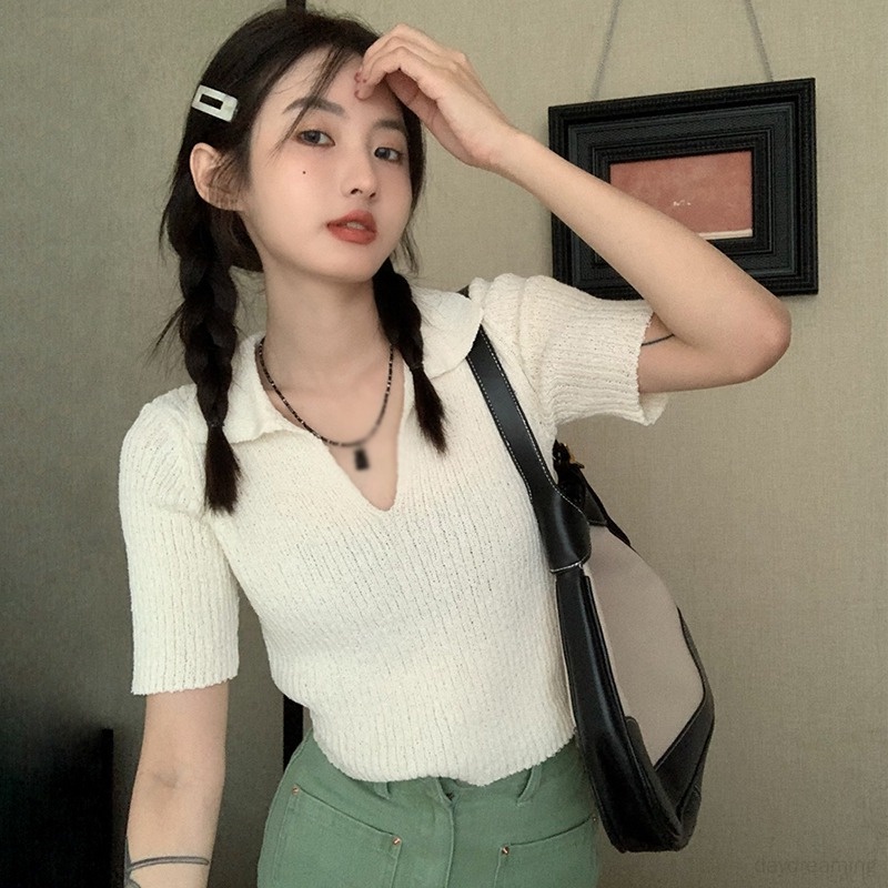 Áo Croptop Màu Trơn Cổ Bẻ Thời Trang Mùa Hè Cho Nữ