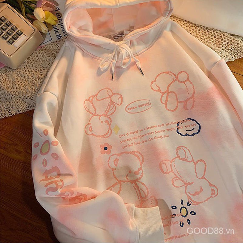 Pink TIE DYE Bear Japanese Women's Sweater Winter Velvet Thick Wind Gentle Cute Soft Hooded Sister Top Student