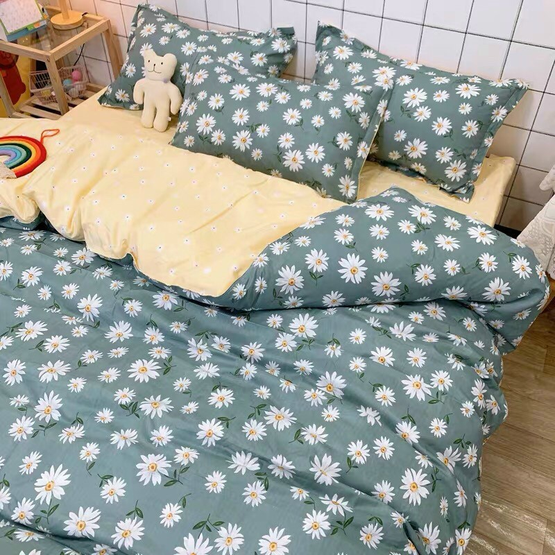 [Decor phòng ngủ nhỏ] Đồ trang trí nhà màu xanh Bộ vỏ chăn ga gối Poly Cotton họa tiết hoa cúc vintage dịu dàng