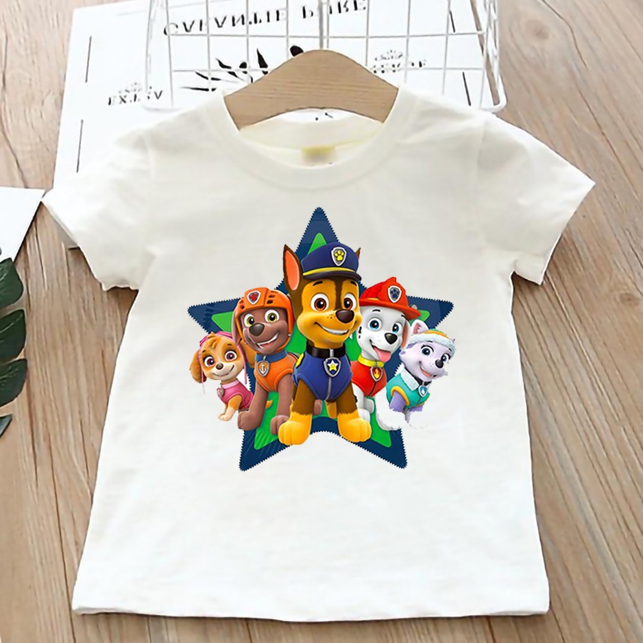 Áo thun cho bé trai bé gái vải cotton form rộng màu trắng Hạ Băng Designs - Paw Patrol