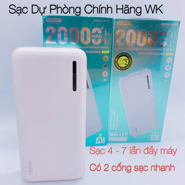 Pin sạc dự phòng WK 20.000mAh WP-117, 2 đầu ra 2 đầu vào tiện lợi - BH 12 tháng