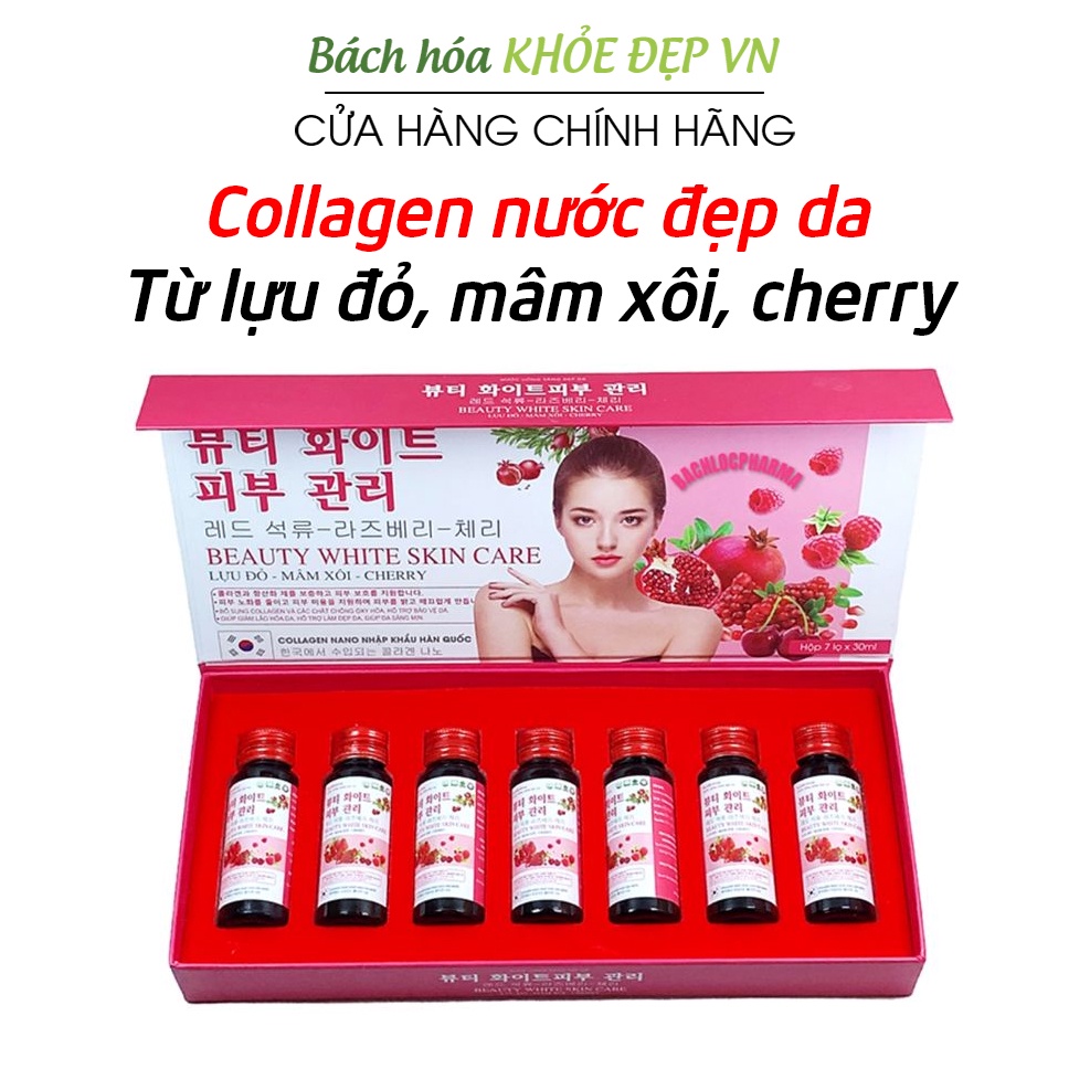 Nước uống collagen nano, lựu đỏ, mâm xôi trắng đẹp da, cân bằng nội tiết tố nữ - Hộp 7 lọ (Beauty White Skin Care)