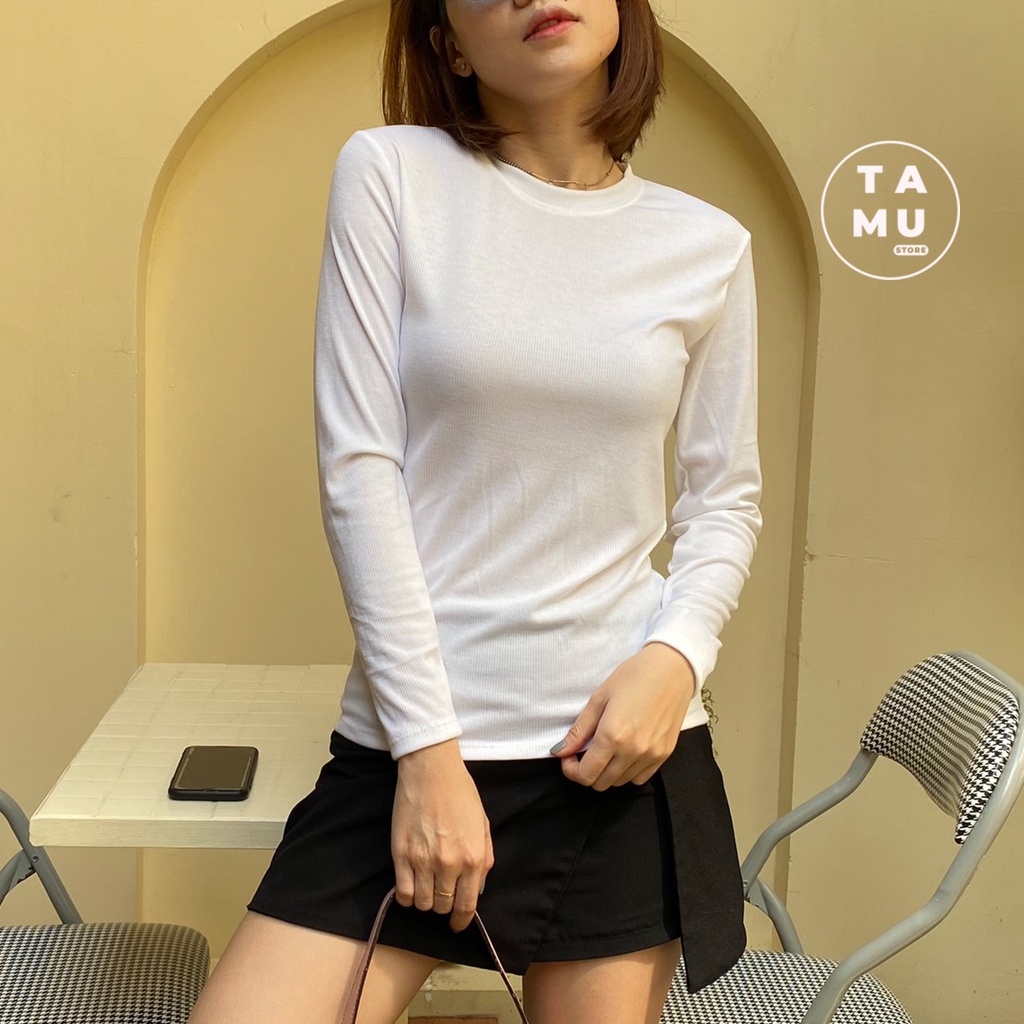 Áo thun tay dài nữ trơn kiểu dàng basic chất liệu thun gân màu sắc trắng đen đỏ - AT02