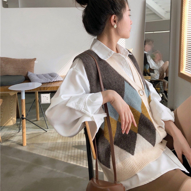 Áo khoác cardigan cổ chữ V dáng rộng họa tiết kim cương phong cách Hàn Quốc thời trang cho nữ