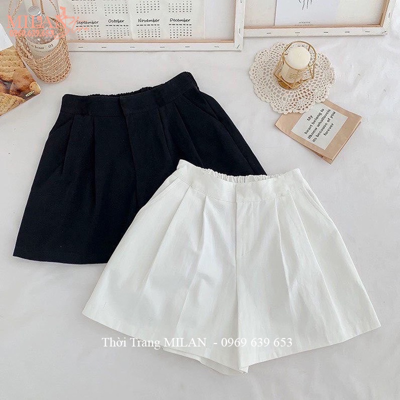 Quần đùi nữ mặc nhà cạp chun lưng cao khóa thật kiểu quần short nữ bigsize giả váy vải đũi xước đi biển công sở thể thao