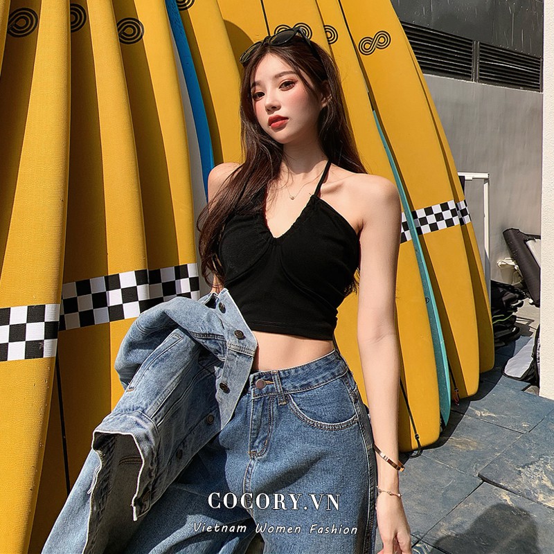 Cocory vn Áo Croptop Hai Dây Dáng Ôm Phối Dây Rút Quyến Rũ Dành Cho Nữ
