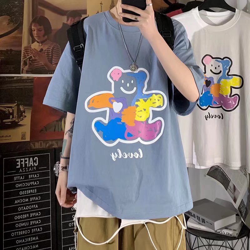 Áo Thun Tay Ngắn Dáng Rộng In Họa Tiết Hoạt Hình Chú Gấu Phong Cách Hip Hop Hàn Quốc Thời Trang Mùa Hè Cho Nam Và Nữ