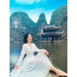 Đầm maxi trắng đan dây lưng
