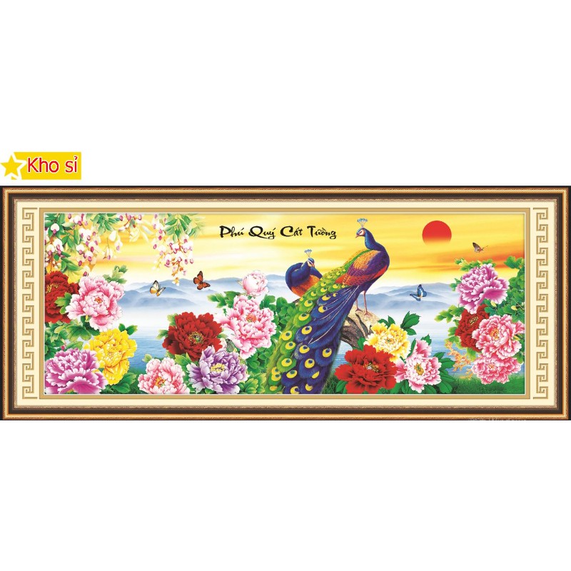 Tranh đá kim cương Phú quý cát tường, đôi công, mẫu đơn 77532 (109x45cm) [KHO SỈ] Tranh chất lượng cao