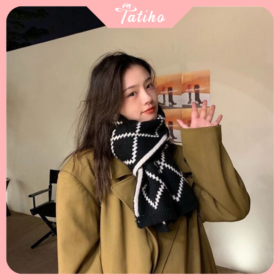 Khăn Cashmere Len Quàng Cổ Unisex Họa Tiết Hình Thoi Chất Len Dày Thời Trang Thu Đông - 35x180cm - Tatiho - Mã KLN12