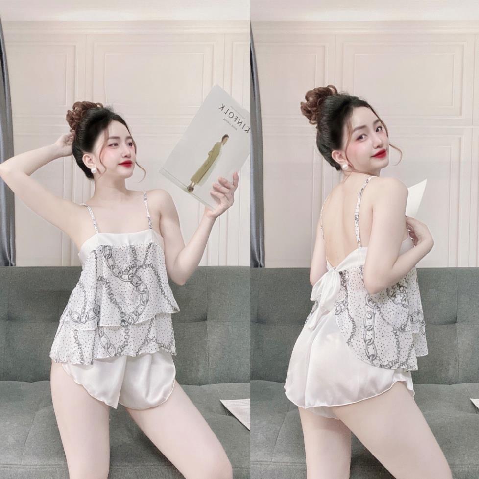 Đồ Ngủ Sexy, Bộ Đùi Cột Dây Sau Quần Satin Phối Voan 40<65kg | BigBuy360 - bigbuy360.vn