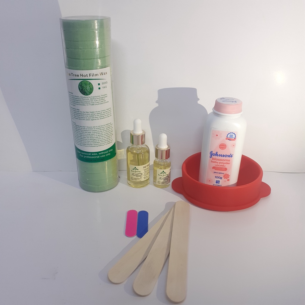 set wax sáp khoanh:500g sáp khoanh + chén silicon + mỡ trăn +  phấn rôm 100g Johnson baby (tặng que sáp + đồ dũa móng)