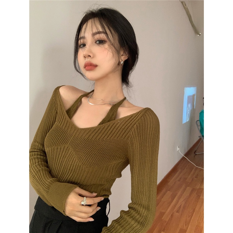 Porozi  Áo dệt kim tay dài dáng ôm hở vai phong cách Hàn Quốc gợi cảm thời trang dành cho nữ