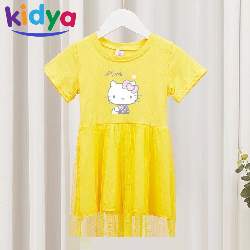 Đầm Xòe Công Chúa Tay Ngắn In Hình Mèo Kitty Cho Bé Gái