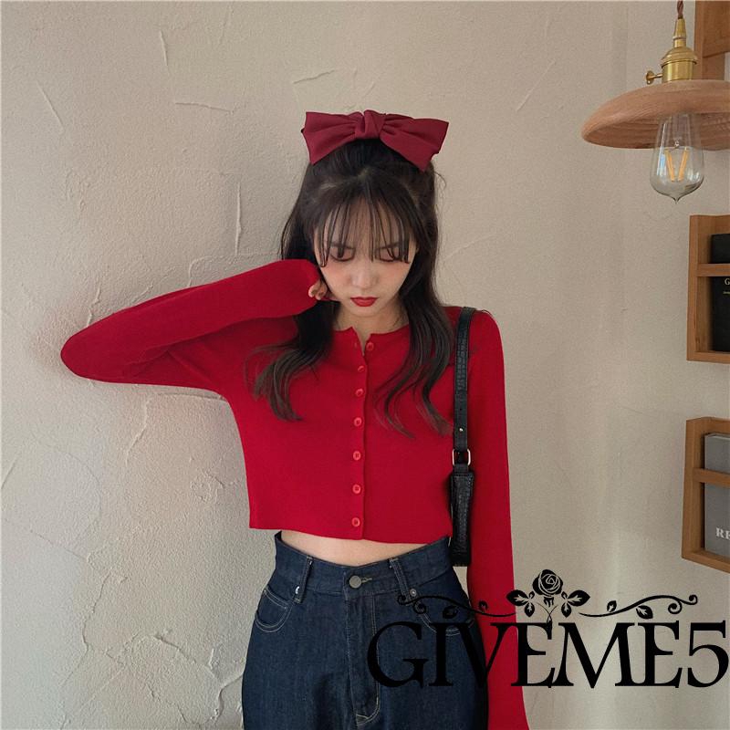 Áo Thun Lửng Dệt Kim Tay Dài Cài Nút Màu Trơn Giản Dị Thời Trang Cho Nữ