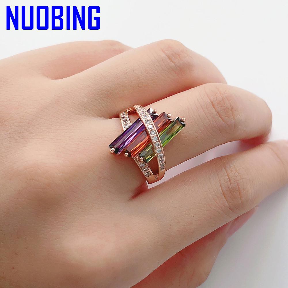 Fashion Unique Multicolor Crystal Zircon Diamonds Gemstones Rings For Women Rose Gold Tone Bague Jewelry Accessory Sizes5 10|Rings|