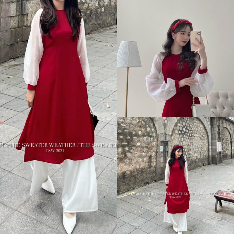 Áo dài đỏ phối tay voan tơ bồng kèm mấn siêu xinh | BigBuy360 - bigbuy360.vn