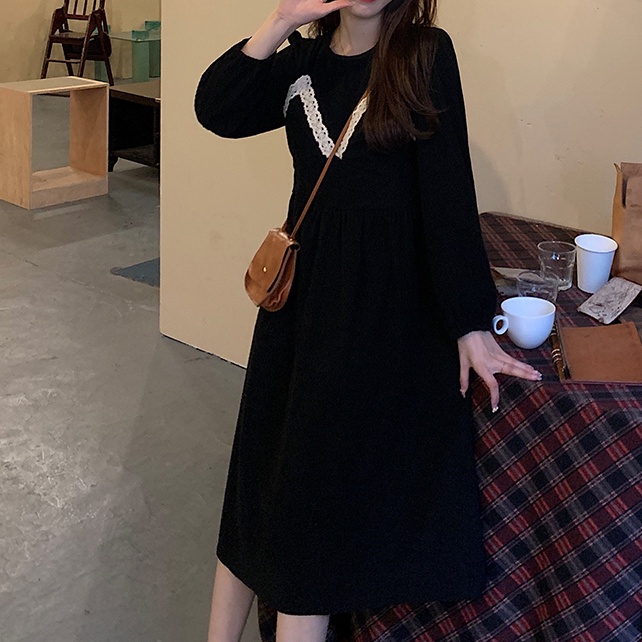 Đầm Tay Dài Cổ Tròn Giả Hai Mảnh Màu Trơn Thời Trang Thu Đông Hàng Mới