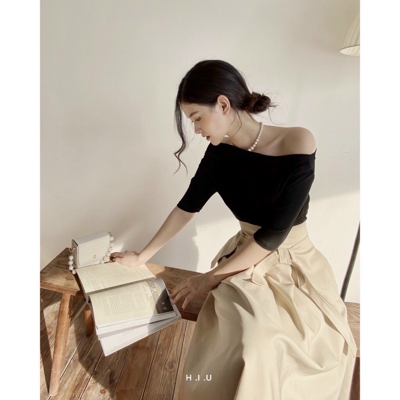 Set Áo Zip Bệt Vai Cùng Chân Váy Váy KaKi Dài