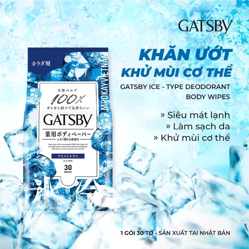 Khăn giấy ướt Gatsby Ice Citrus có cồn diệt vi khuẩn gây mùi hôi cơ thể mát lạnh sảng khoái tỉnh táo sau khi nhậu xỉn