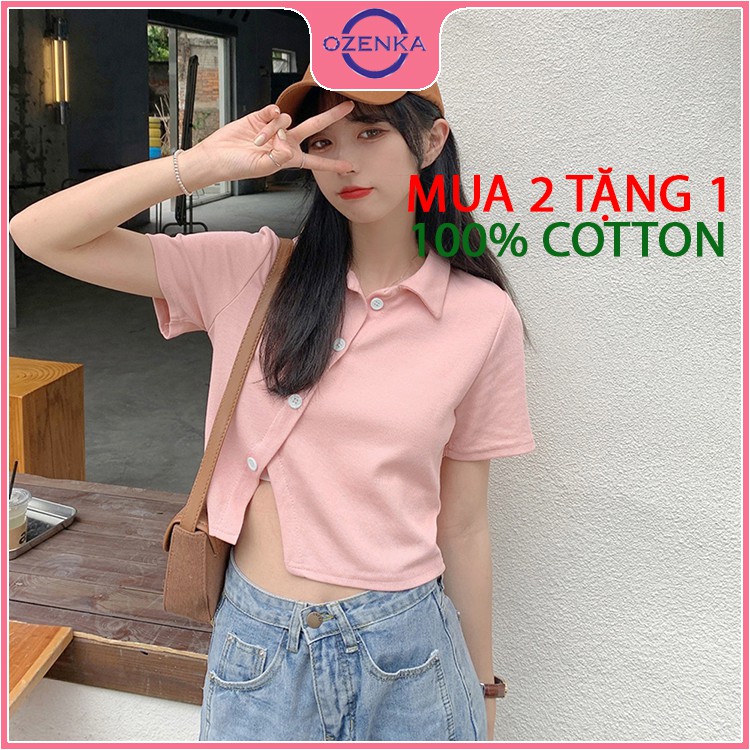 Áo croptop polo tay ngắn vạt chéo nữ Ozenka , áo thun ôm nữ có cổ cúc thật thun gân 100% cotton size dưới 50 cân