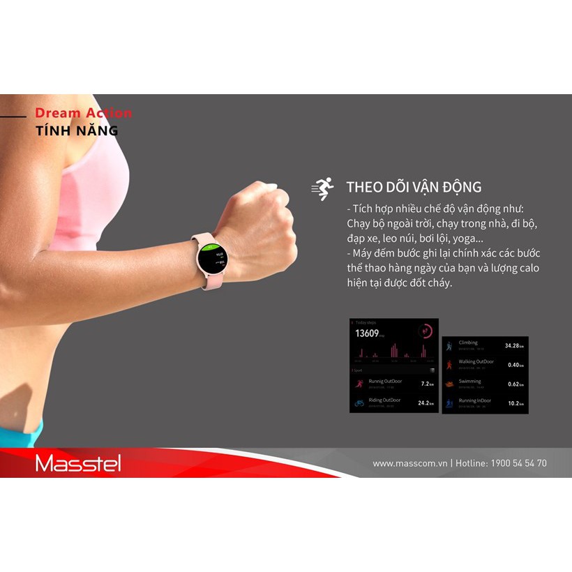 Smartwatch Masstel Dream Action - [Tặng combo 3 miếng dán màn hình] Đồng hồ theo dõi vận động, nhịp tim, chống nước IP68