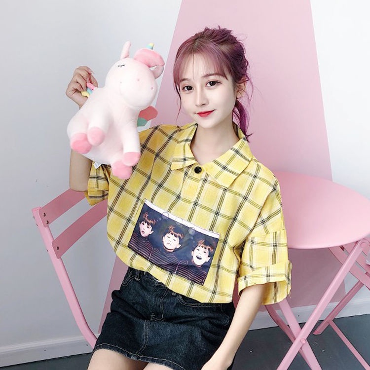 Áo Sơ Mi Ngắn Tay Dáng Rộng Họa Tiết Sọc Caro Phong Cách Hàn Quốc Thời Trang Mùa Hè Mới Cho Nữ