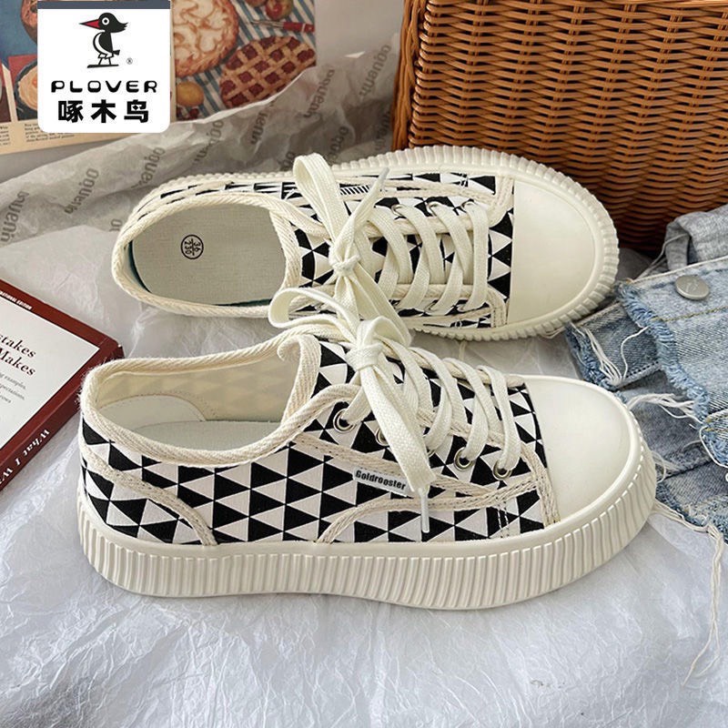 Giày thể thao, sneaker nữ vải canvas mềm phối họa tiết màu siêu xinh đế bánh mì tăng chiều cao