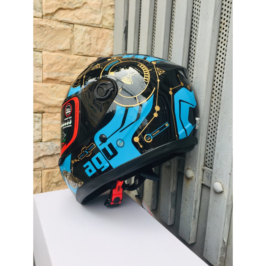 MŨ fullface AGU RACING ENERGY XANH NƯỚC + Đuôi gió AGV và sừng rồng + TÚI ĐỰNG MŨ hàng chính hãng CLC