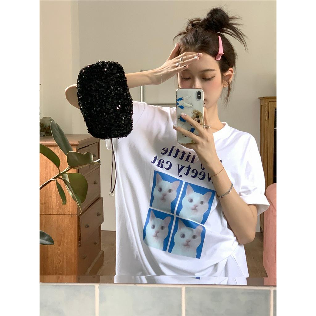 Áo Thun Cotton Cổ Tròn Dáng Rộng Ngắn Tay In Hình Mèo Dễ Thương 63931