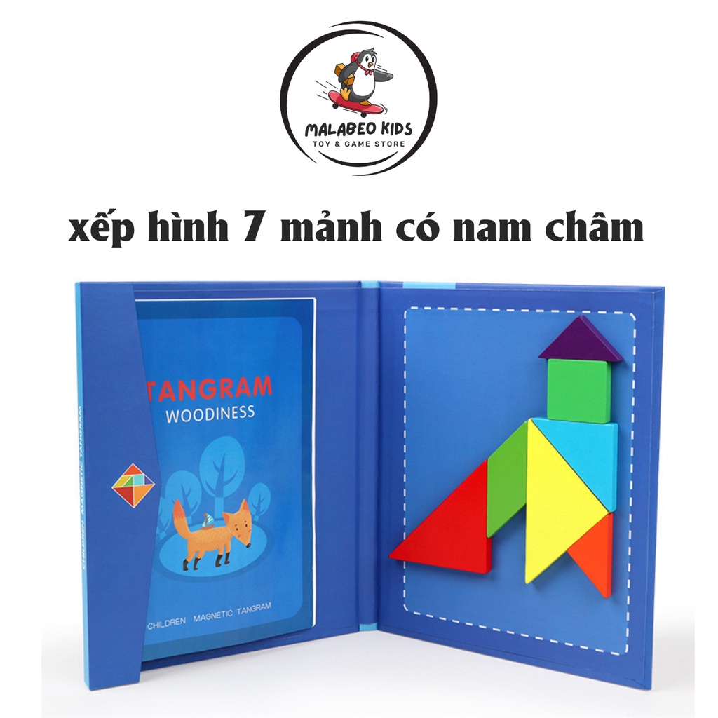 Ghép hình tangram, đồ chơi gỗ xếp hình có 7 mảnh nam châm kèm sách hướng dẫn giúp trẻ tư duy MALABEO KIDS