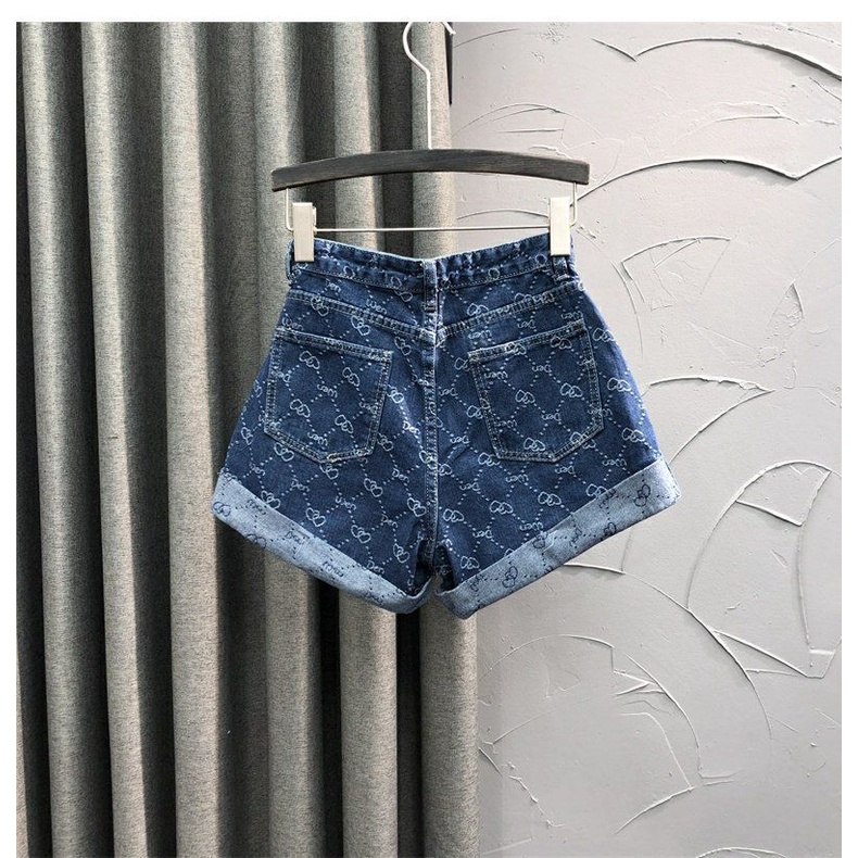 Quần short denim ống rộng eo cao in họa tiết thời trang cho nữ
