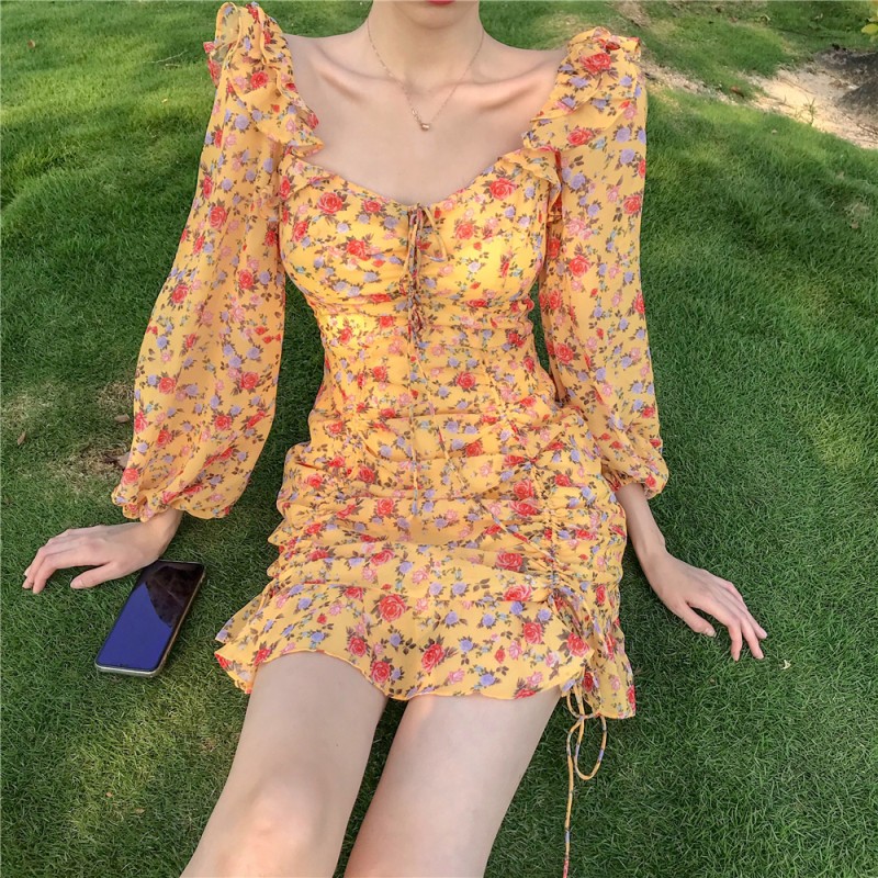 Đầm hoa nhí dáng xòe cổ vuông tay dài mini Emilyshop