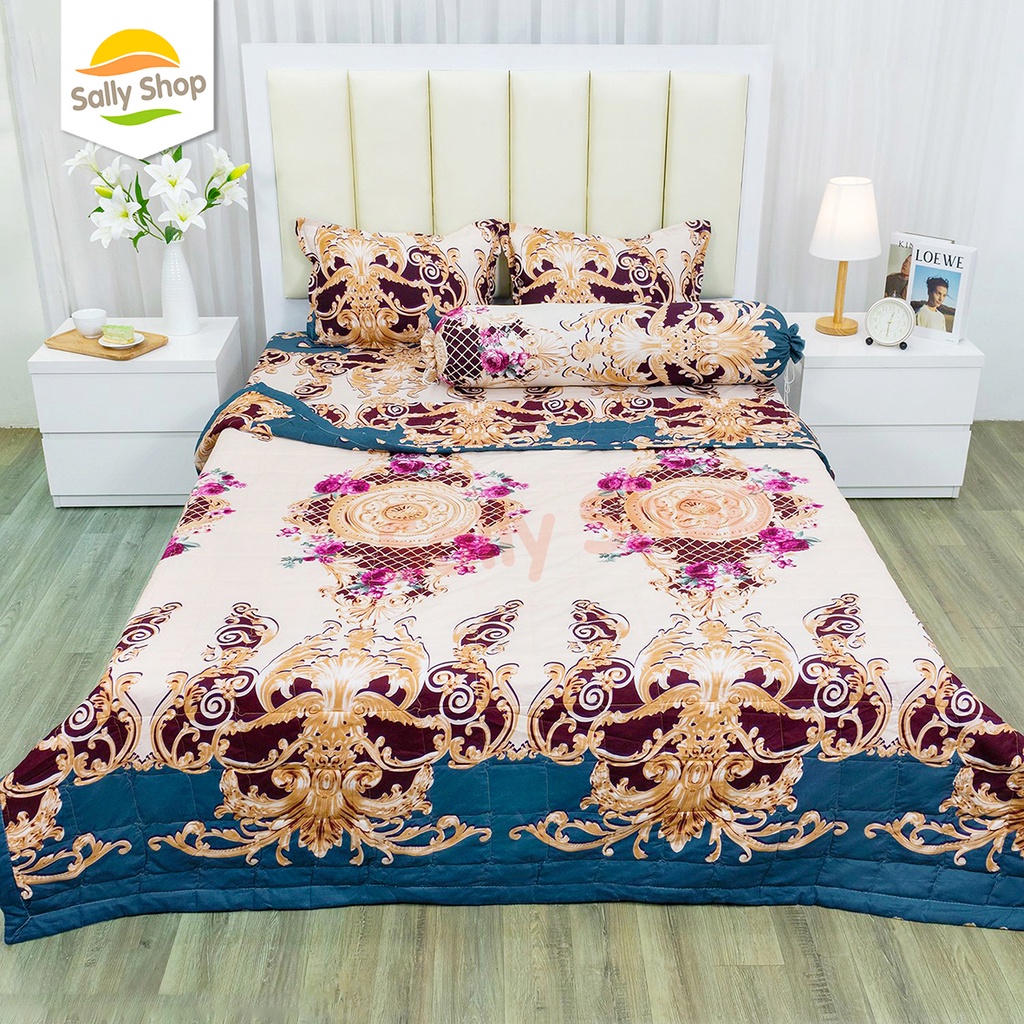 Bộ 4 Món Chăn Ga Gối Hè Thu Chất Cotton Poly Mềm Mát Thấm Hút Mồ Hôi Mẫu HOÀNG GIA TRẮNG