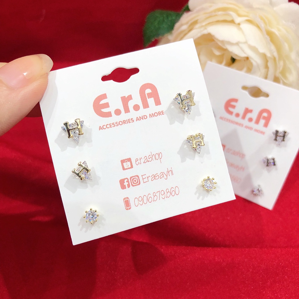 Set 3 Đôi Bông Tai Nữ Bạc 925 Cao Cấp ERASHOP 078102 - Chữ H Đá Nhỏ Gọn, Đơn Giản, Siêu Rẻ Đẹp