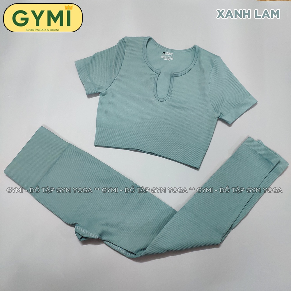 Set bộ đồ tập gym yoga nữ GYMI SET15 gồm áo croptop ngắn tay và quần legging dài thể thao chất dệt thun gân cao cấp