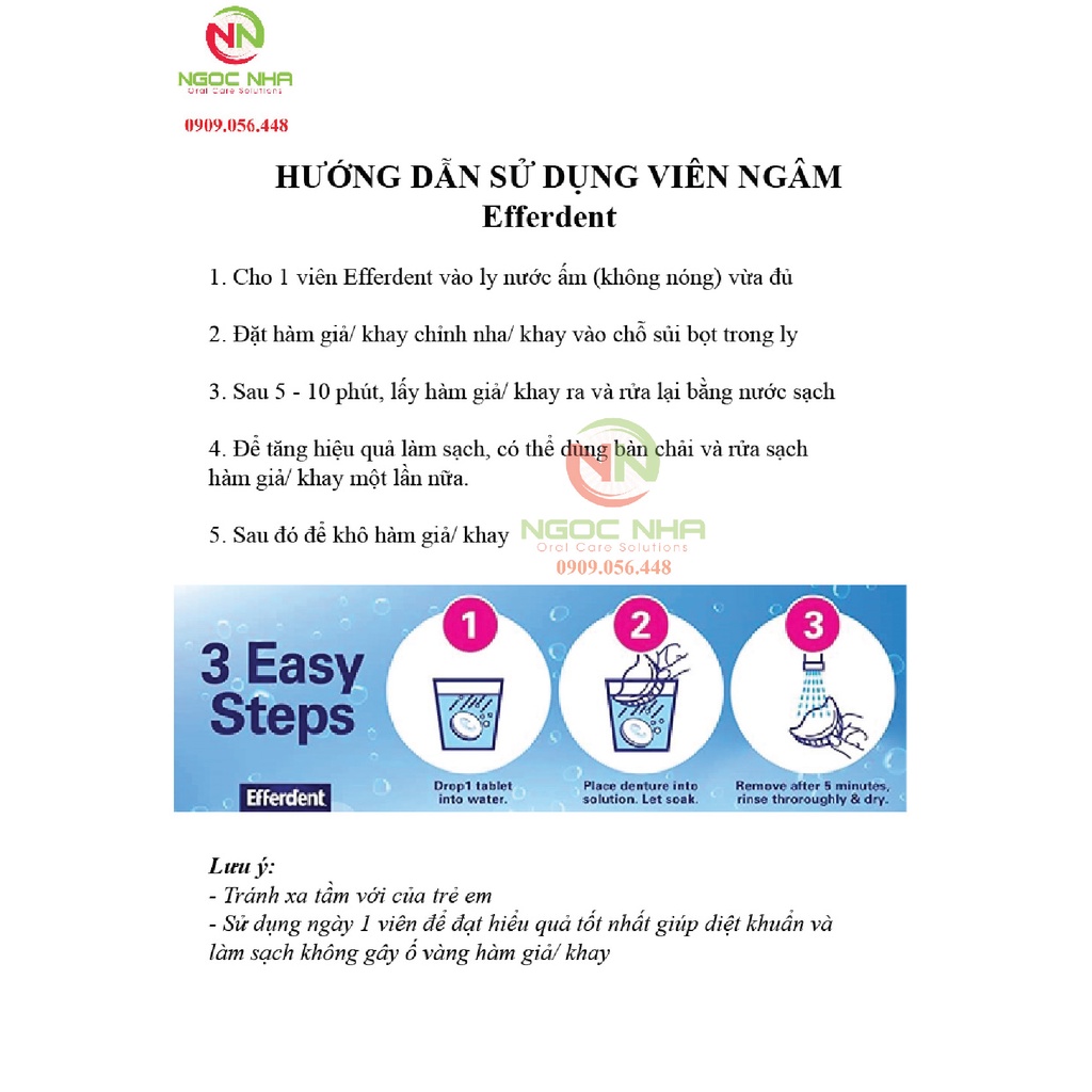 Vỉ 6 viên sủi ngâm làm sạch và vệ sinh hàm giả răng giả hàm tháo lắp, khay chỉnh nha Polident/ Efferdent