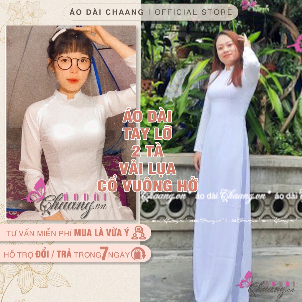 Áo dài trắng học sinh đi học cổ vuông hở đẹp truyền thống vải lụa cao cấp