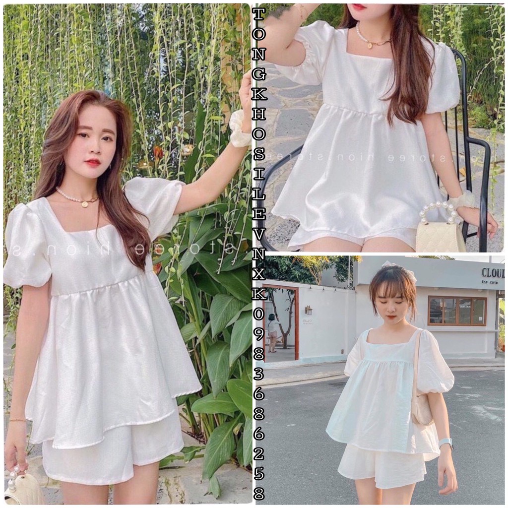 SET ĐỒ ÁO BABYDOLL TRẮNG kèm QUẦN SOOC - MARCH MALLOW SET Áo Cổ Vuông Tay Chun Bồng + Quần Short Đùi