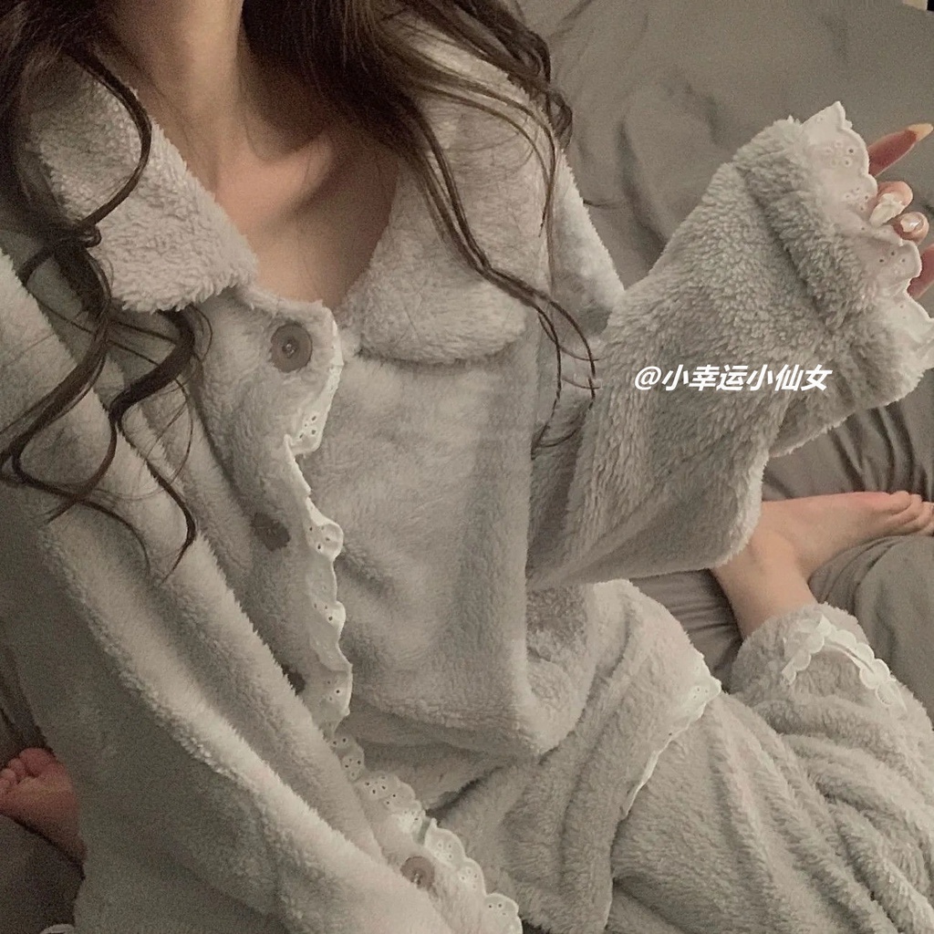 Bộ đồ ngủ vải lông cừu san hô dày dặn giữ ấm mùa thu đông CB3Q