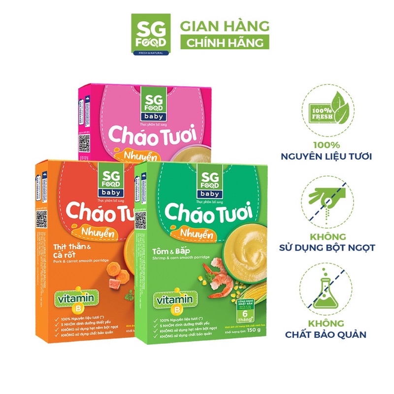 Cháo tươi nhuyễn baby SG FOOD cho trẻ từ 6 tháng cung cấp vitamin B, DHA