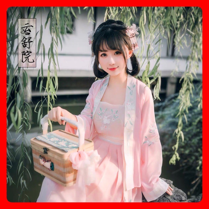 có sẵn hán phục cổ trang chiết eo hồng hanfu hồng full thêu