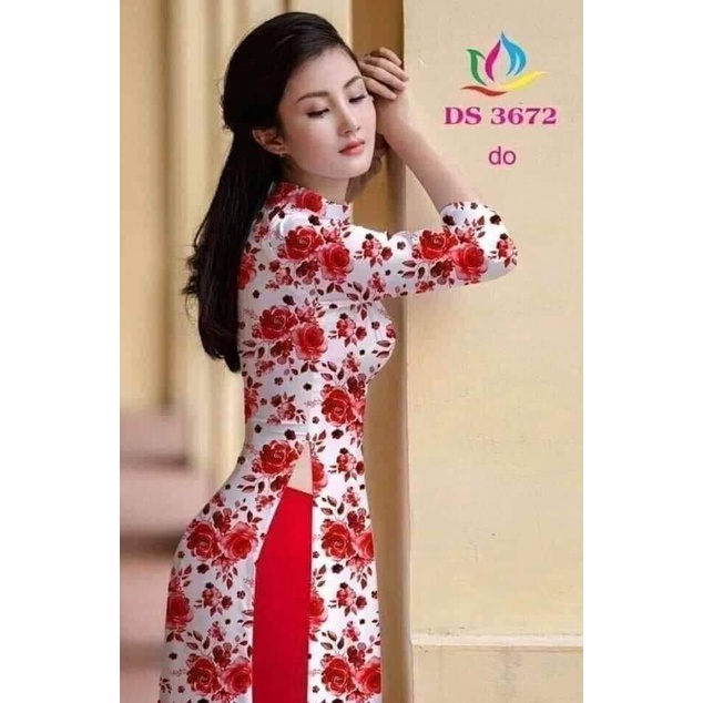 Áo dài lụa Nhật in họa tiết hoa hồng đỏ