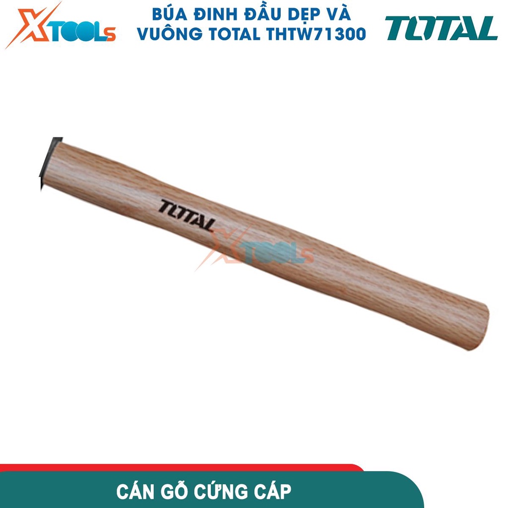 Búa đinh đầu dẹp và vuông TOTAL THTW71300, đầu bùa nặng 300g, cán cầm bằng gỗ, đầu búa rèn thả xử lý- CHÍNH HÃNG- XTOOLS