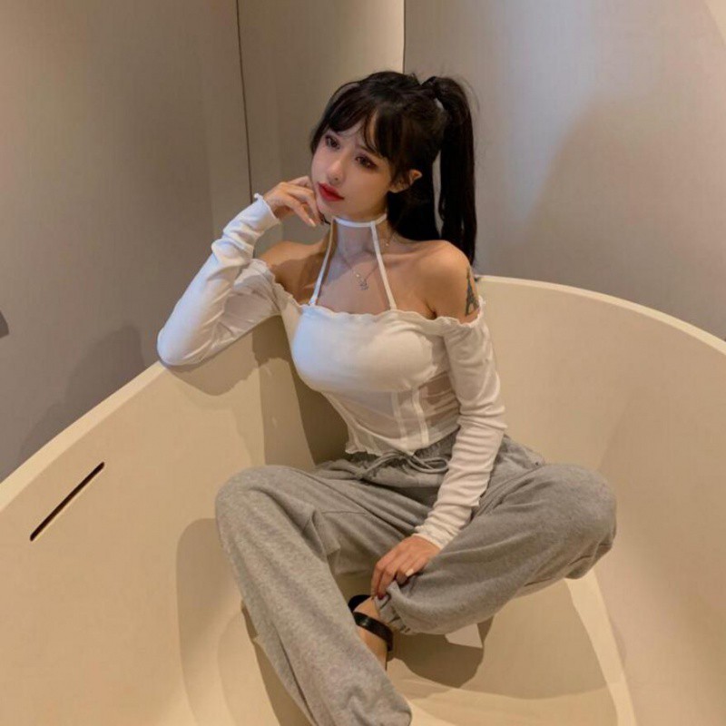 ✨Ready Stock✨Quần áo của phụ nữ sexy một dây bên vai phông ngắn ngang rốn Tính cách