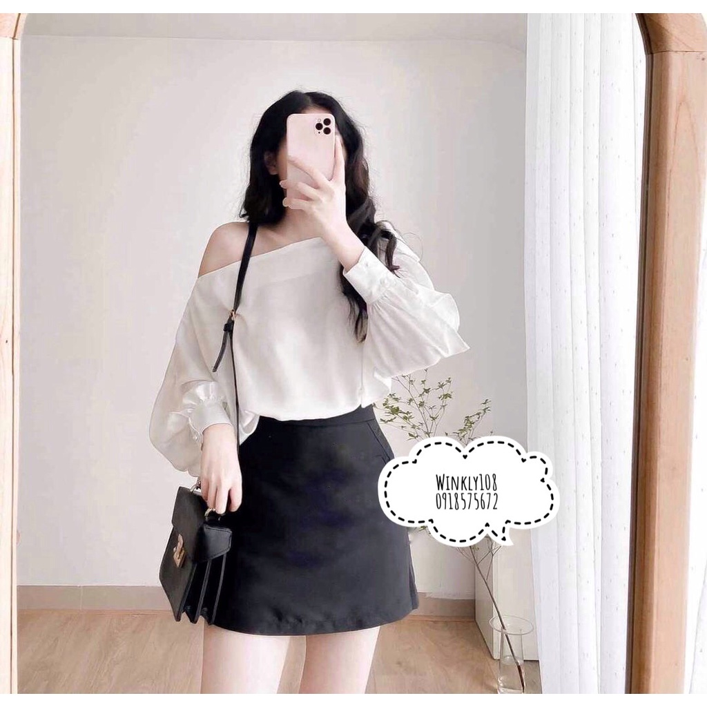 [Ảnh thật] Áo trễ vai đính nơ vai dài tay cúc ngọc - Áo sơ mi kiểu lệch vai thắt nơ basic tiểu thư