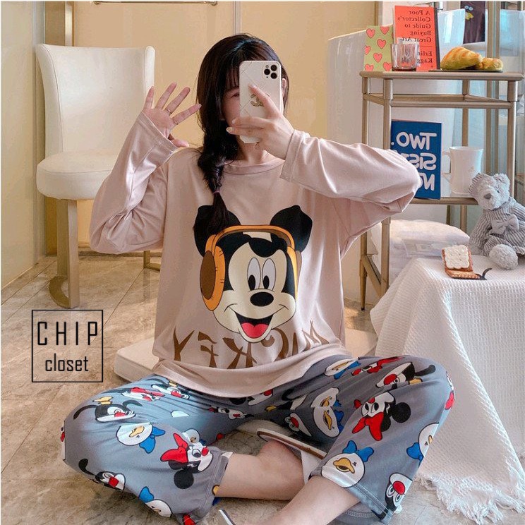Đồ Bộ Thun Tay Dài Quảng Châu - Pijama Quần Dài - Đồ Mặc Ở Nhà Họa Tiết Hoạt Hình Dễ Thương TQ002