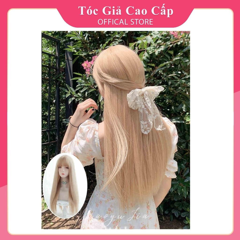 Tóc giả nữ đẹp nguyên đầu thẳng dài 60cm, màu vàng sáng. tặng kèm lưới trùm wig.